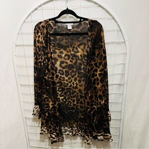 Alberto Makali Brown Leopard Print Sheer Short Duster. Sequin embellishment XL